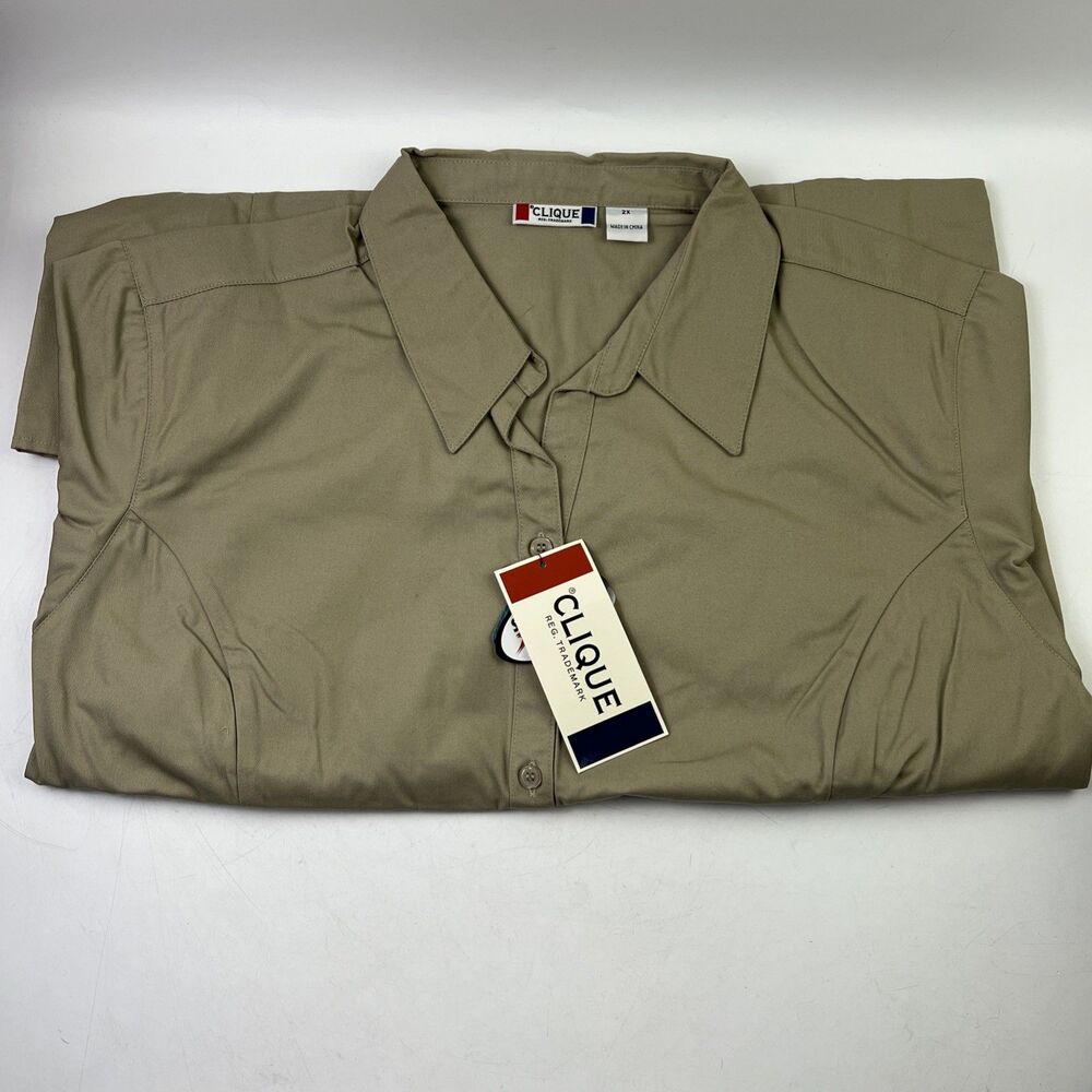Women's Clique Long Sleeve Button Front Uniform Dress Shirt - Beige/Tan - 2x